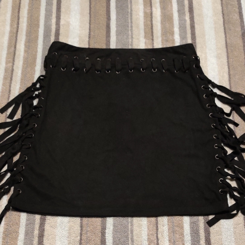 Microsuede Black Fringe Mini Skirt.